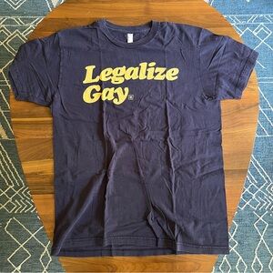 American Apparel Legalize Gay shirt, Men's Large, navy/yellow